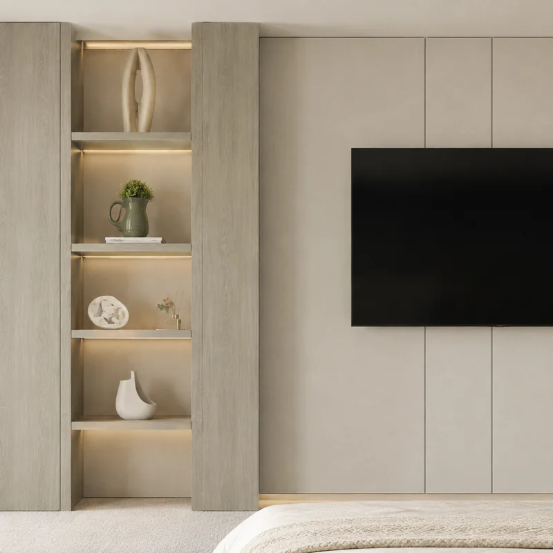 Custom cabinetry with illuminated shelves and a soft neutral finish