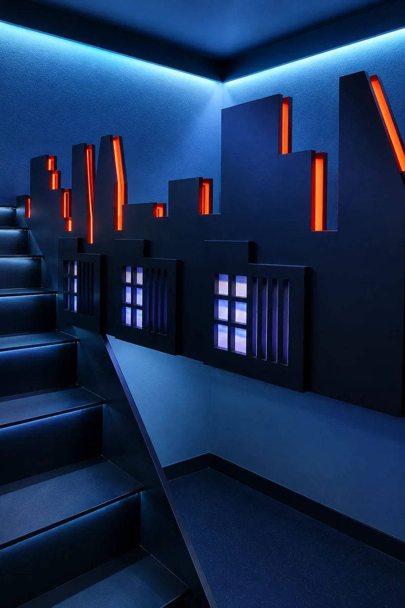 Deep blue skyline panels with integrated lighting